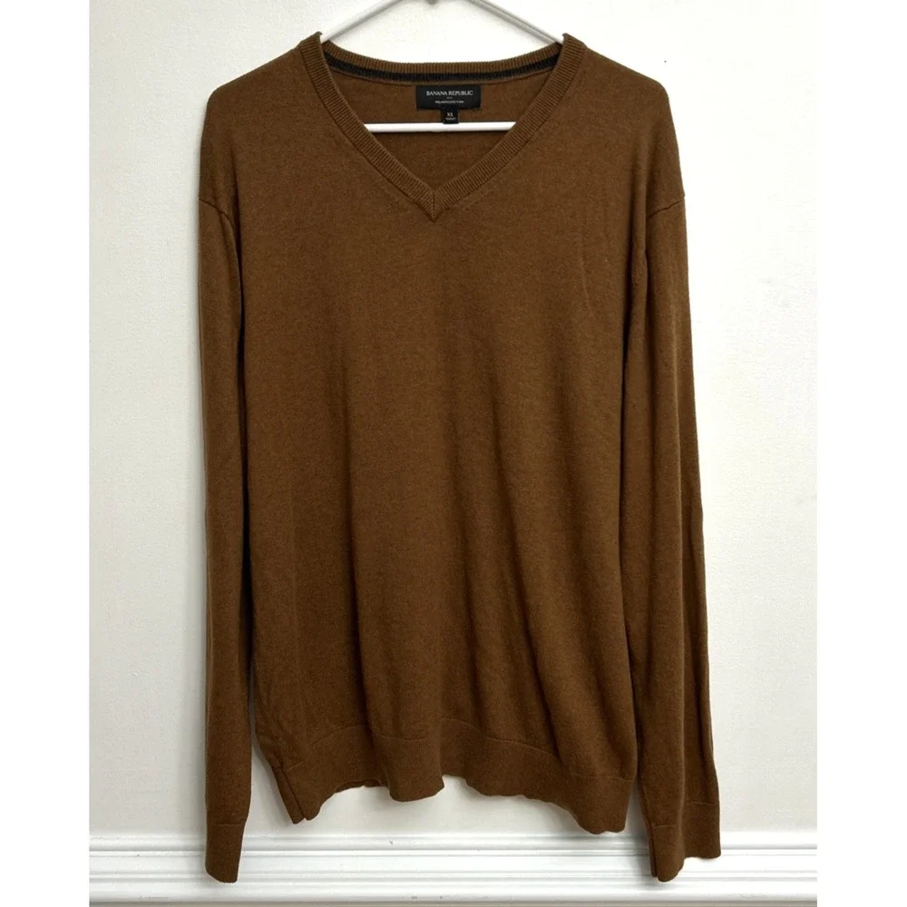 Banana Republic V-neck Sweater Men's XL Camel Luxe Yarn Cotton Silk Cashmere